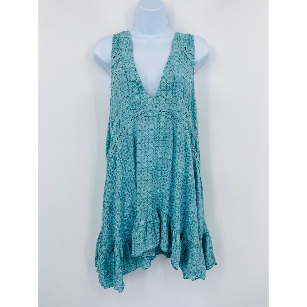 Free People Mini Dress Women Large Teal Lace Trim Ruffle Hem Intimately - Picture 2 of 7
